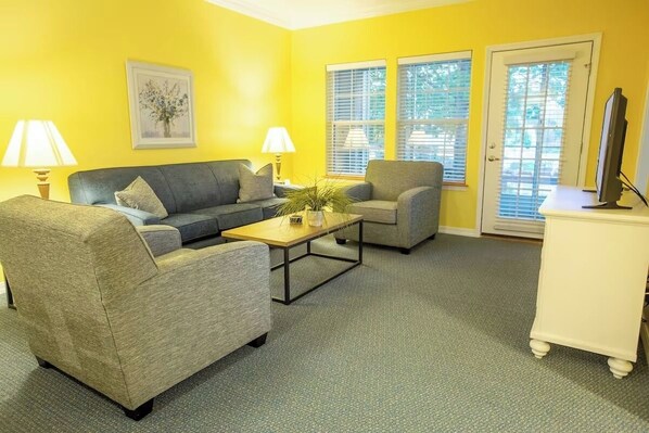 TV, DVD player, music library, stereo