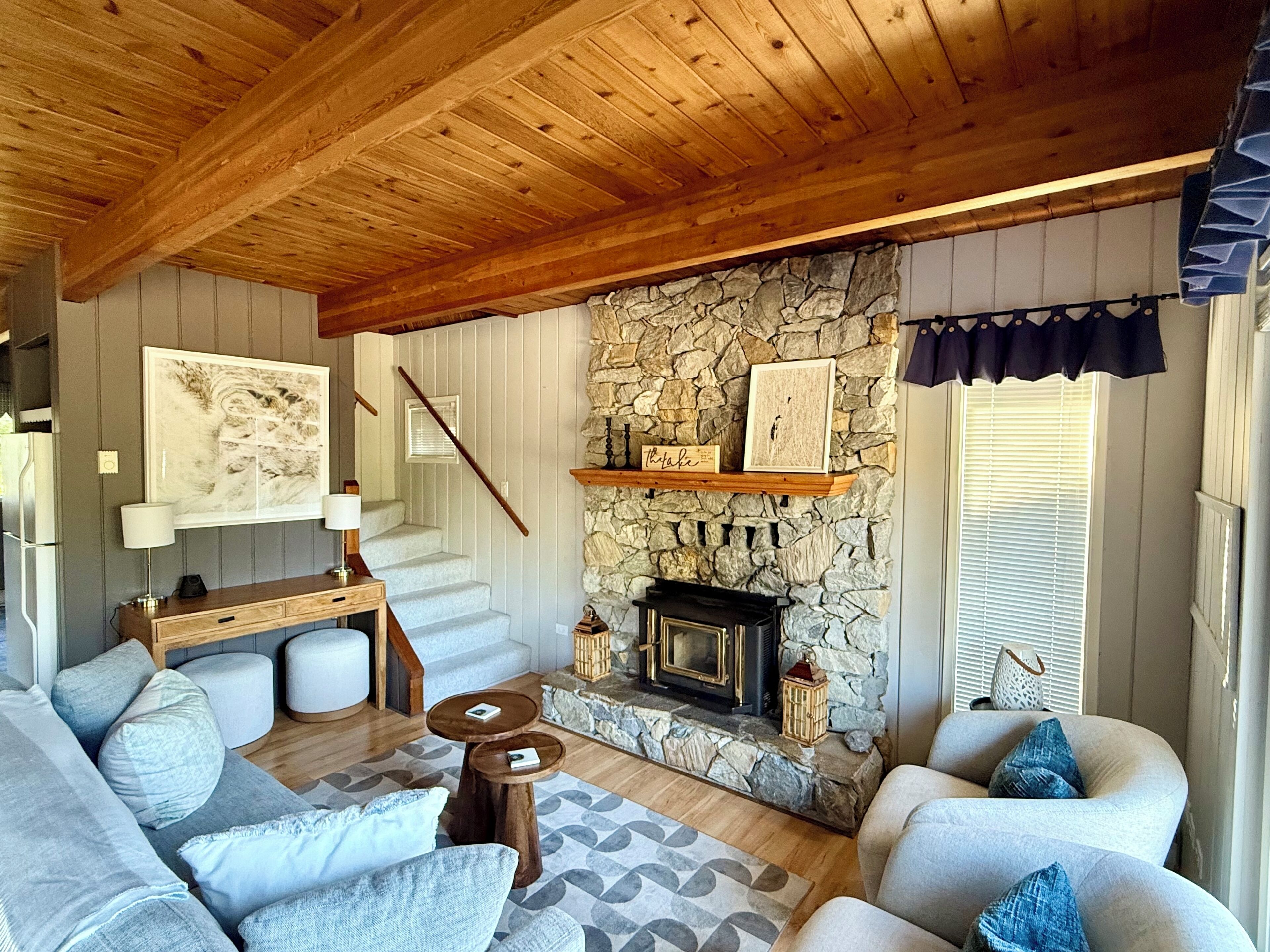 Smart TV, fireplace, DVD player, books