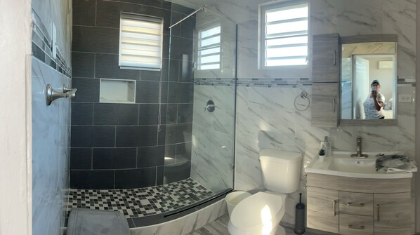 Shower, hair dryer, towels, soap