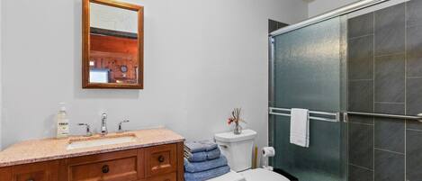 A modern bathroom with a wooden vanity, a glass shower enclosure, and a white toilet.
