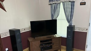 A living room with a television on a wooden stand, two speakers, a cowhide rug, and a window with checkered curtains. - Creek Side Retreat (Chapmanville)