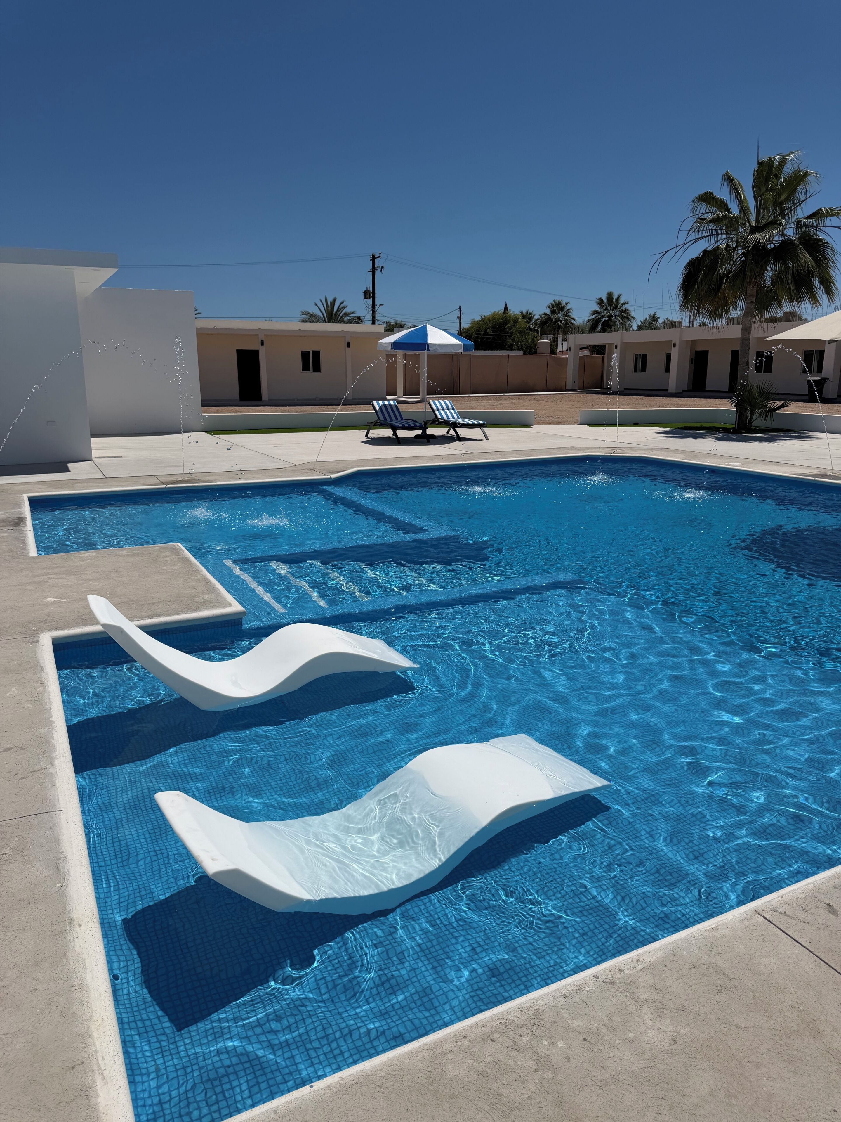 A swimming pool with slides, lounge chairs, and a palm tree.
