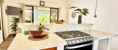 Apartment, 1 King Bed, Patio, Garden View | Private kitchen | Full-size fridge, microwave, oven, stovetop