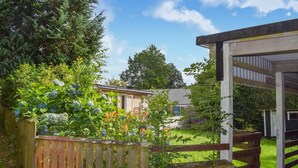 A residential area with a wooden fence, a garden with hydrangeas, and a house with a visible chimney.