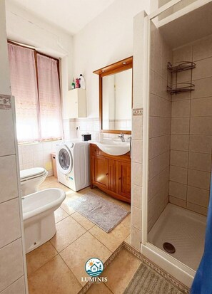 Shower, hair dryer, bidet, towels