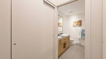 Hair dryer, towels, soap, toilet paper