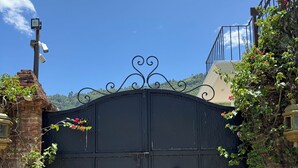 Een zwart metalen hek met decoratieve bovenkant, een bakstenen muur en een klein raam met een beveiligingscamera.