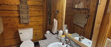 A wooden cabin bathroom with a white toilet, granite countertop sink, and a mirror.