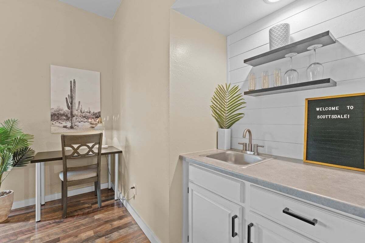 Main living space workspace & wet bar