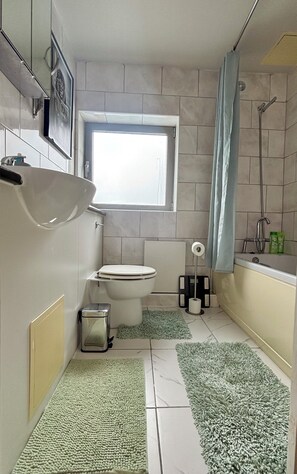 Hair dryer, towels, soap, toilet paper