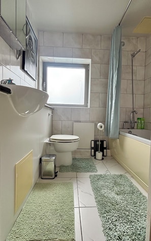 Hair dryer, towels, soap, toilet paper