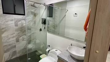 Regadera, toallas, jabón, papel de baño