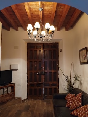 Smart TV, chimenea, libros