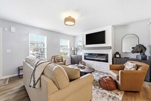 TV, fireplace, books, stereo