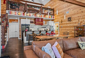 Smart TV, fireplace, foosball