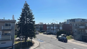 A residential street with multi-story buildings, parked cars, and a large evergreen tree.