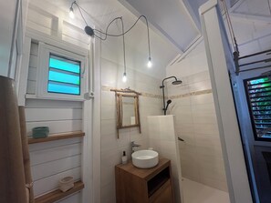Shower, hair dryer, towels, toilet paper