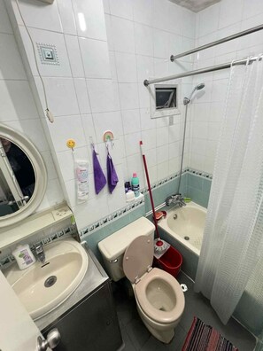 Hair dryer, towels, soap, toilet paper