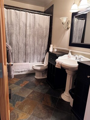 Shower, towels, soap, toilet paper