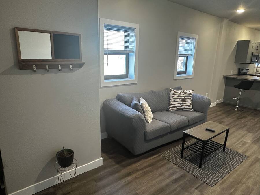 A modern living room with a grey sofa, a small coffee table, and a kitchen area with a bar and a microwave.