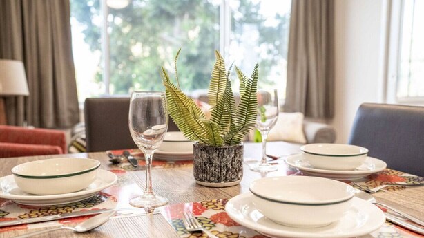 A dining table set with plates, bowls, cutlery, and a glass. There is a potted fern on the table. - Auchenflower 1BR Retreat, Parking Close to UQ & M5 (Auchenflower)