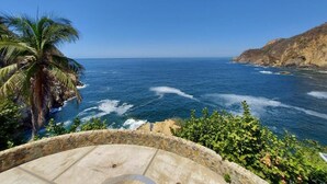 A coastal view with a clear sky, palm trees, and rocky cliffs. - Casa Blanca Grand (Acapulco de Juárez)