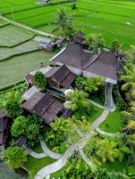 Vista aérea de una casa tradicional con varias edificaciones, rodeada de campos verdes y palmeras.