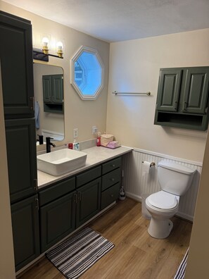Hair dryer, towels, soap, toilet paper