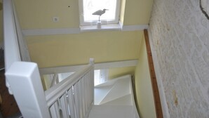 Una escalera con barandillas blancas y una ventana con un pájaro fuera.