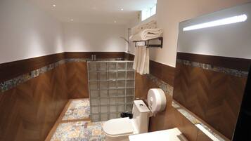 Shower, towels, shampoo, toilet paper