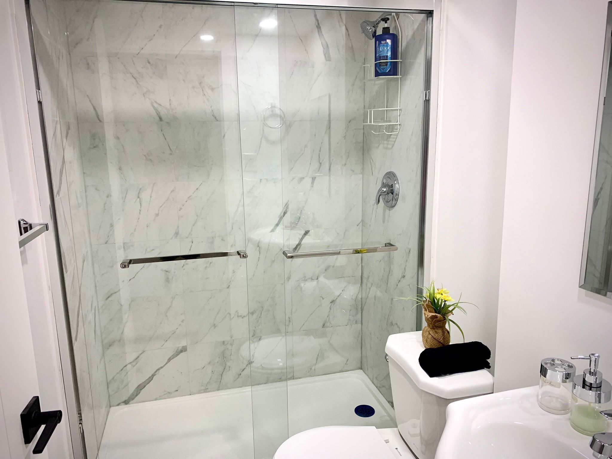 Hair dryer, towels, soap, toilet paper