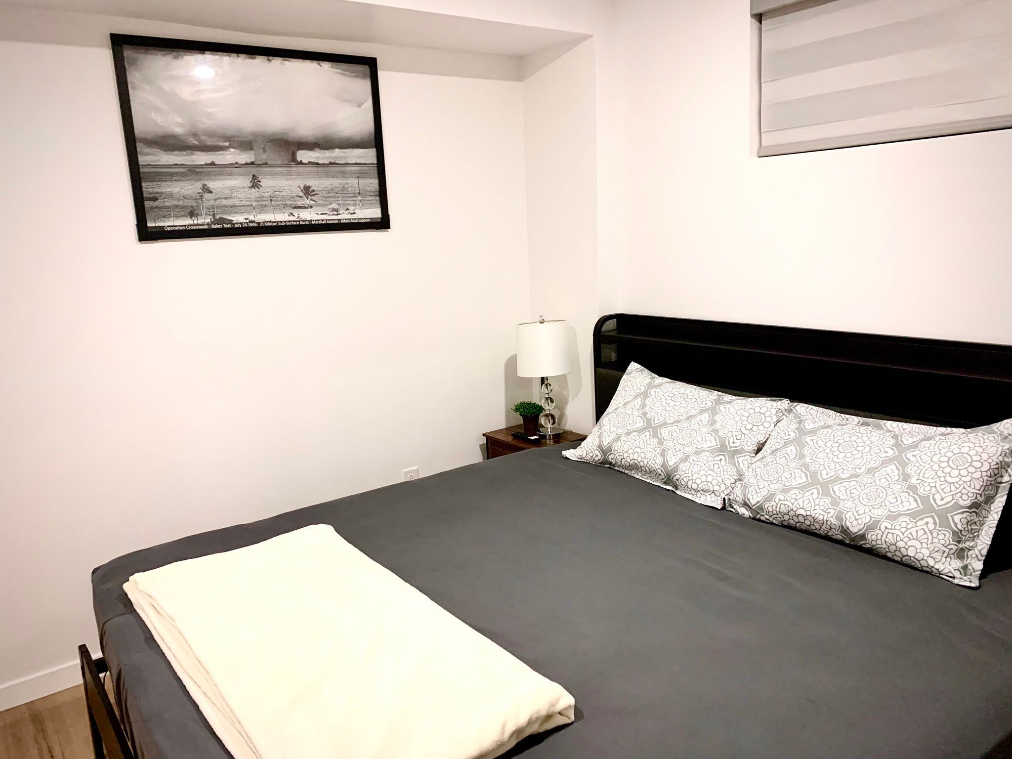 A neatly made bed with a dark headboard, a white throw blanket, and patterned pillows. A framed photograph hangs on the wall above the bed.