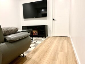 Smart TV, fireplace, books