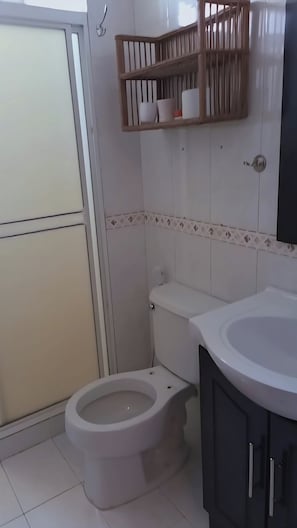 Hair dryer, towels, soap, toilet paper