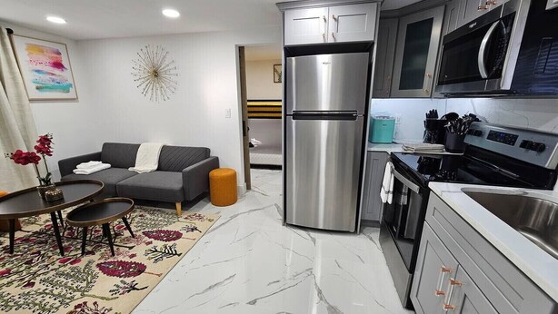 A modern kitchen with stainless steel appliances, a grey sofa, and a dining area with a floral rug.