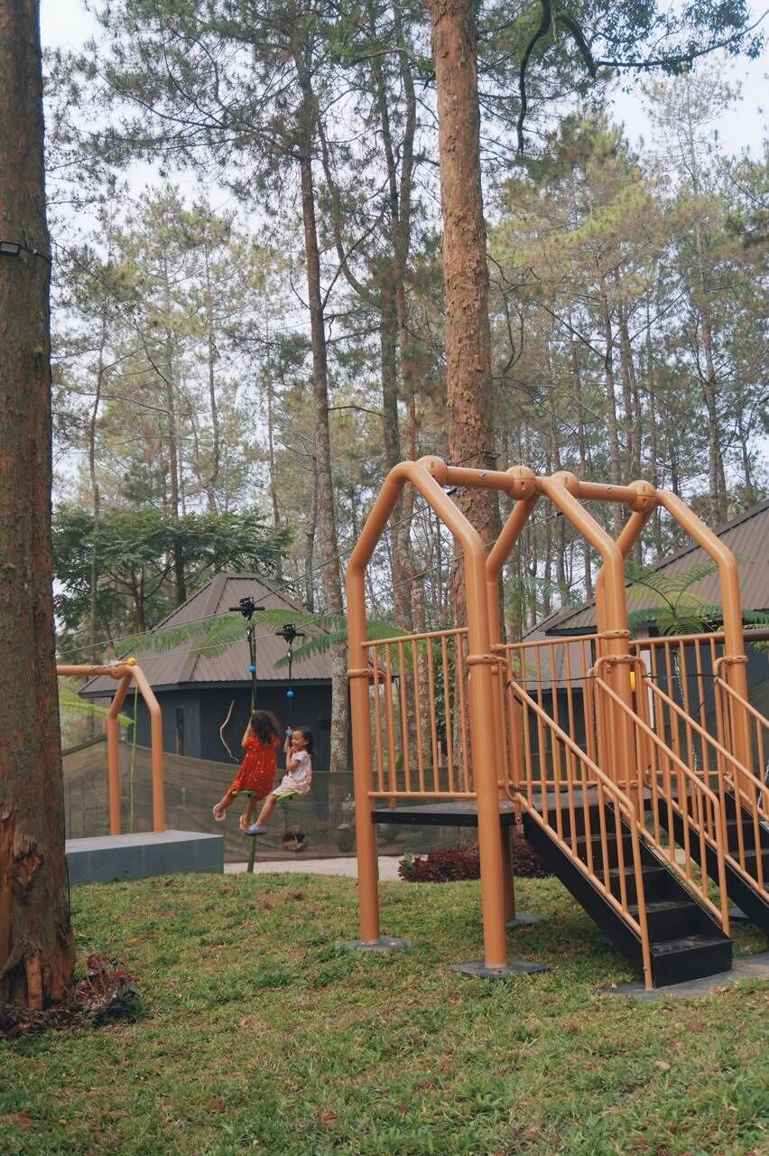 Ein Spielplatz mit Schaukeln und einer Rutsche, umgeben von Bäumen.