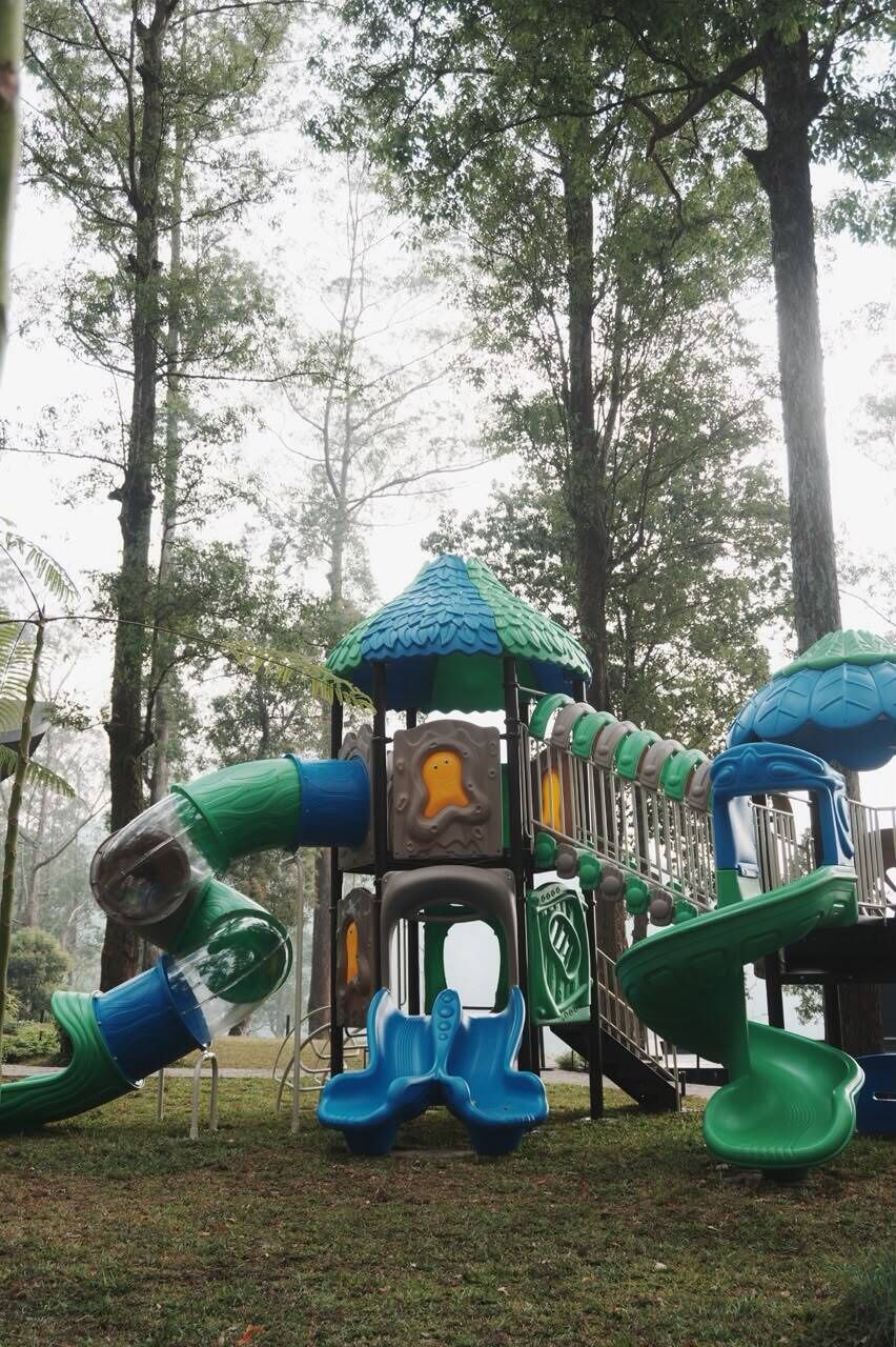 Un parque infantil con toboganes y estructuras para escalar, rodeado de árboles.