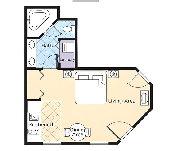 A floor plan of a residential apartment with a kitchen, dining area, living area, bathroom, and laundry room. - Charming 1-bedroom resort in awesome Branson with fitness room, (Branson)