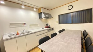 Fridge, microwave, stovetop, electric kettle