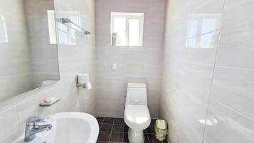 Kamer | Badkamer | Een douche, een haardroger, handdoeken, zeep