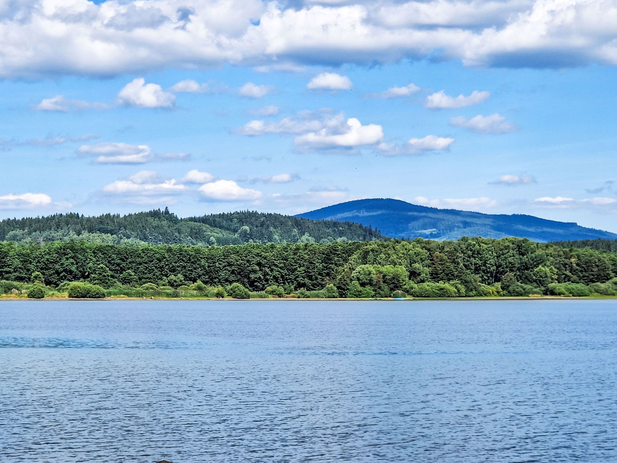 Un lac bordé d’une colline boisée, avec une montagne en arrière-plan.