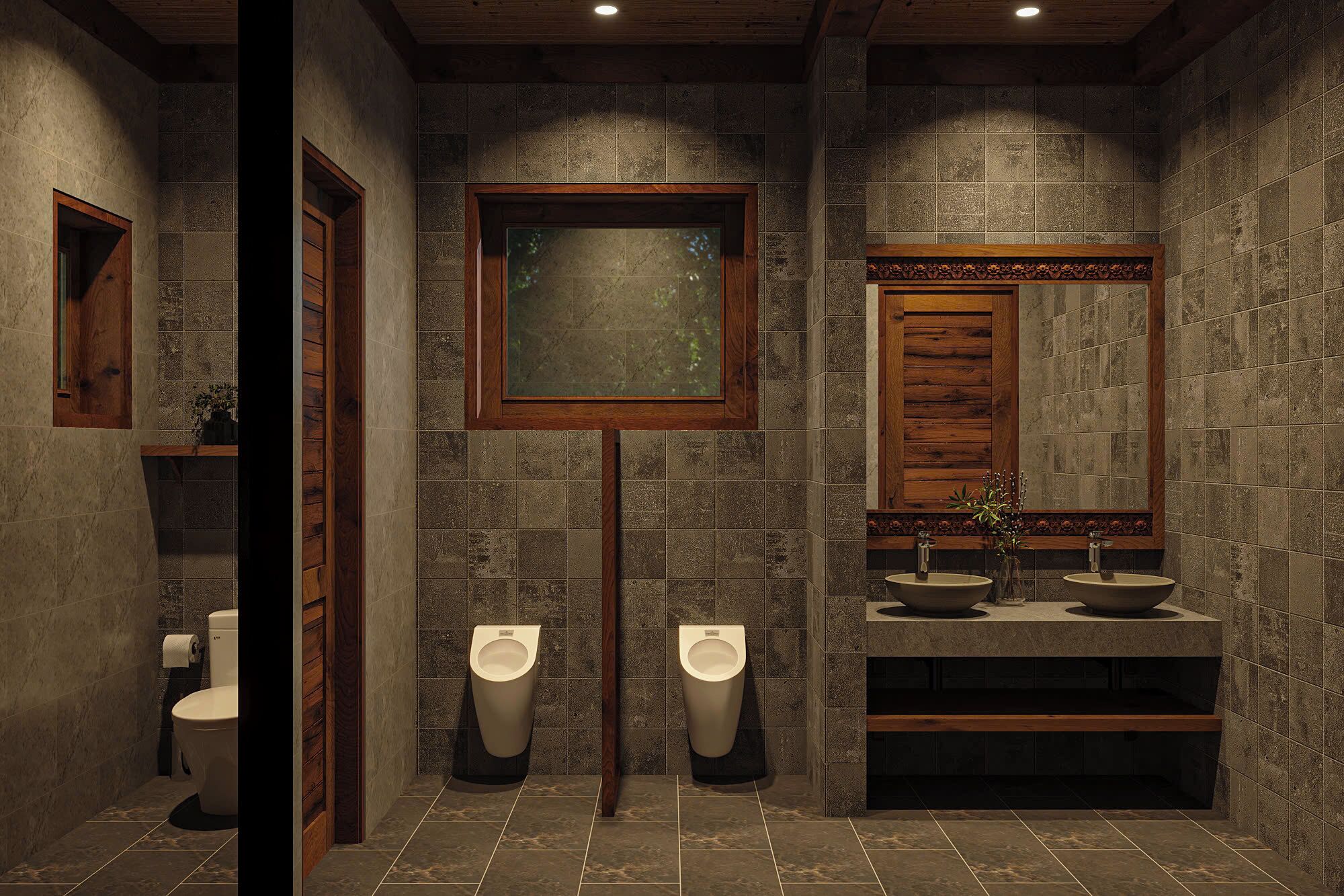 A modern bathroom with two urinals, a toilet, and a vanity with two sinks.