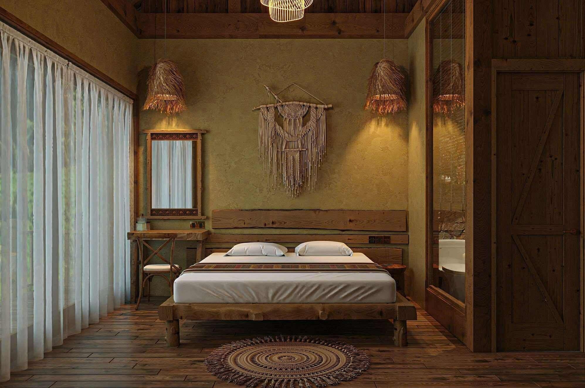 A rustic bedroom with a wooden bed, a hanging dreamcatcher, and a mirror.