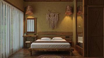 A rustic bedroom with a wooden bed, a hanging dreamcatcher, and a mirror.