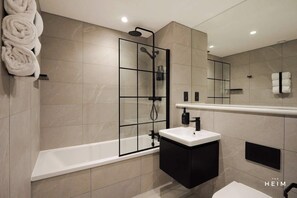 Shower, hair dryer, shampoo