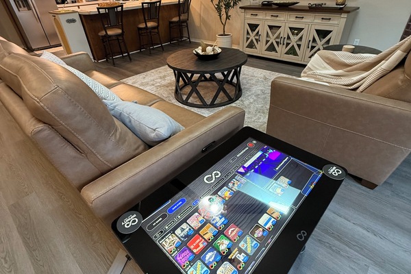 Smart TV, fireplace, video games, DVD player