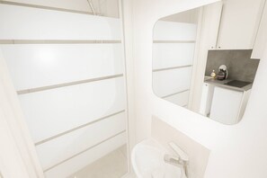 Shower, hair dryer, towels, shampoo