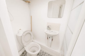Shower, hair dryer, towels, shampoo