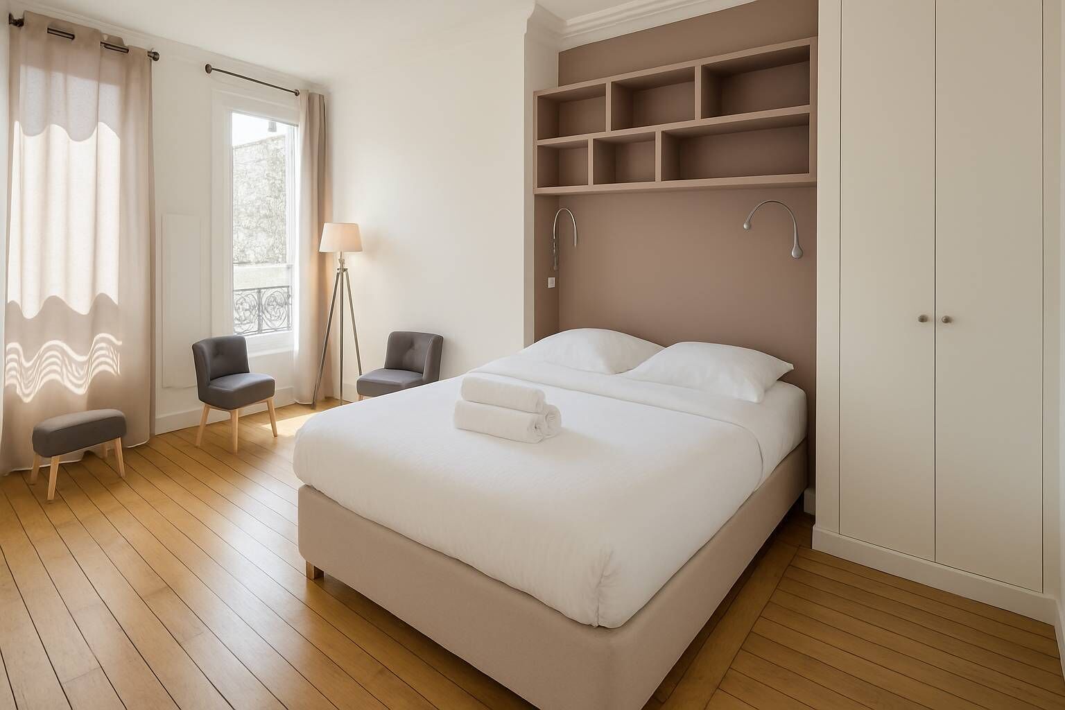 1 habitación, tabla de planchar con plancha y ropa de cama 