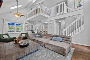 TV, fireplace, video games, foosball